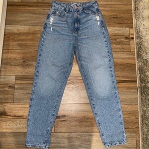 ZARA Jeans Distressed 2 High Rise Straight Leg Medium Wash Stretch Denim Pockets